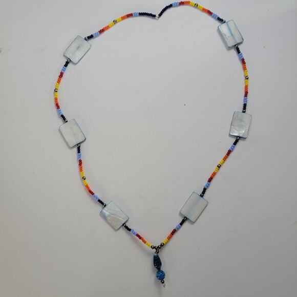 Handmade Rainbow Beaded Necklace with Blue Glass Accents Colorful Boho Jewelry - Picture 1 of 10
